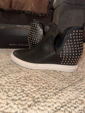 Steve Madden Black Leather Slip-On Sneakers with Silver Studs and White Sole